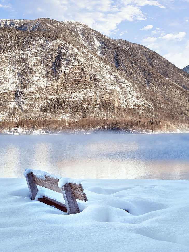 Banco, invierno, Lago, Hallstatt, invernal, magia de invierno, cubierto de nieve