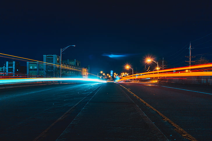 night, buildings, road, lights, long, exposure, photography