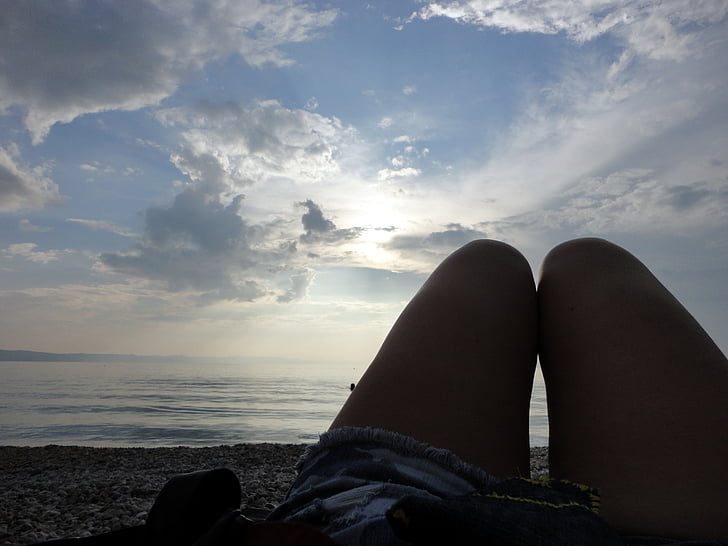 kojos, jūra, dangus, paplūdimys, vasaros, moteris, vandenyno