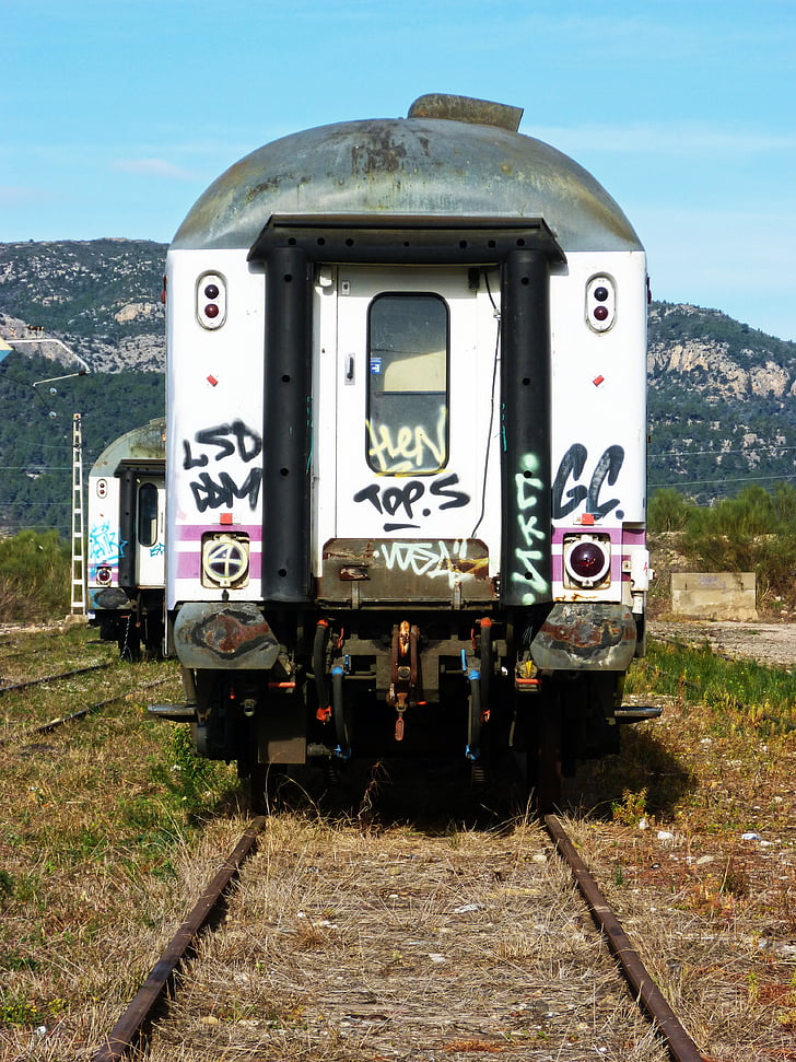 kombi, železnice, vlakem, opuštěné, vandalismus