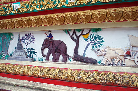 Laos, Vientiane, mozaïek, muurschildering, tekens, verhalen, Tempel