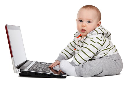 Baby, sitter, bredvid, bärbar dator, dator, Pojke, barn