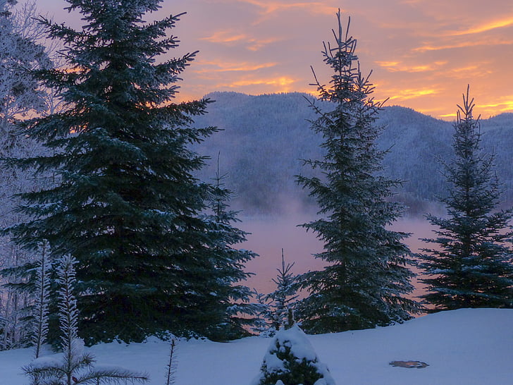 saulėtekio, anksti ryte, vandens, kalnų, žiemos magija, kalno viršūnėje, kraštovaizdžio