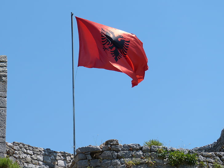Albânia, dos Balcãs, Shkodër, Bandeira, Castelo, Fortaleza, Flutter