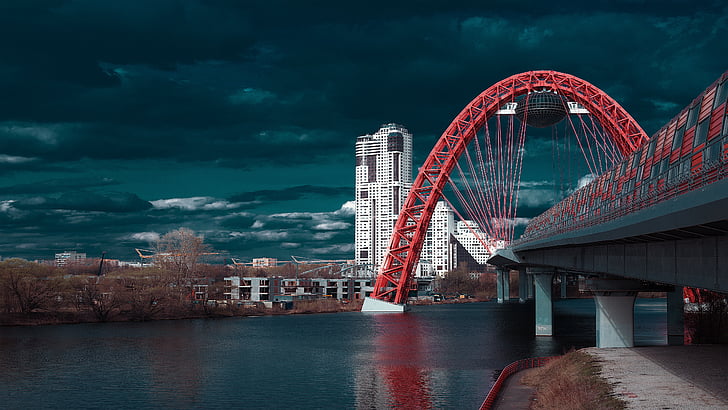 the picturesque bridge, red bridge, water, road, city, summer, moscow river