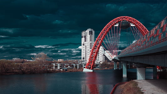 a festői híd, piros híd, víz, közúti, város, nyári, Moszkva-folyó