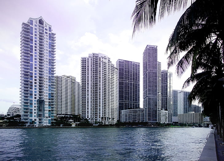 Miami, drapacze chmur, centrum miasta, Stany Zjednoczone Ameryki, Downtown miami, Bayfront park, Miasto