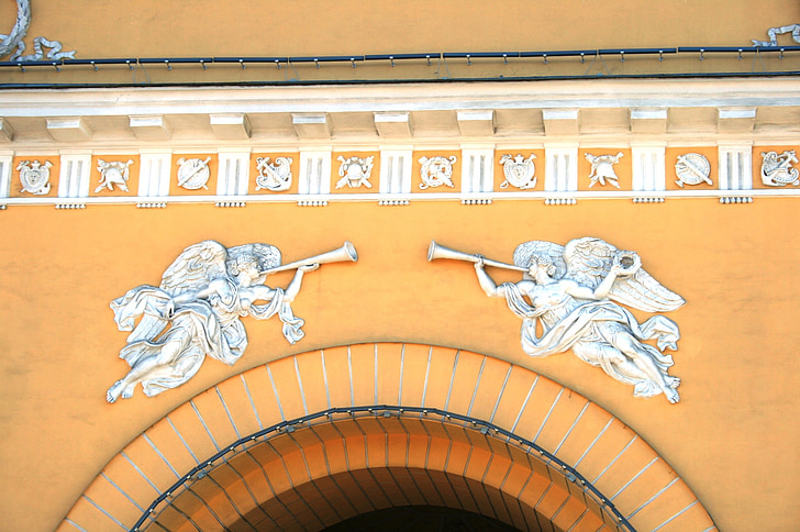 arco, entrada, detalhe, Branco, decorativos, figuras, anjos