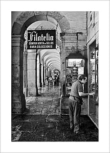piaţa principală, Madrid, City, filatelia, negru alb, arcade, Spania