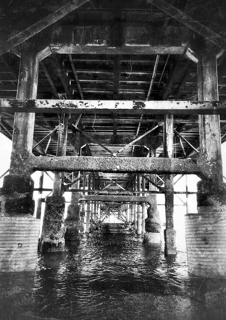 pier, noir, rusty, structure, water, industrial, metal