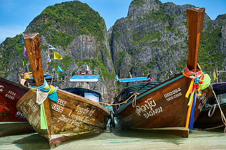 océan, Thaïlande, Voir, bateau, navire, en bois, vieux