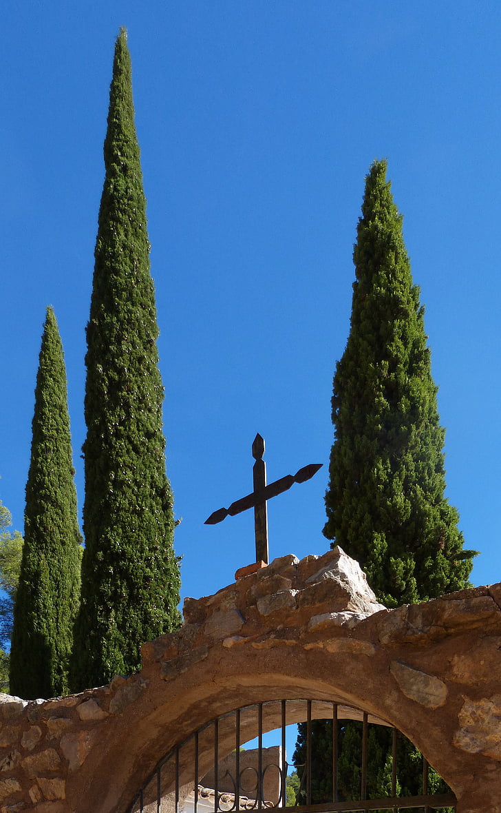 cemetery, cypress, transcendence, cross, religious, door, stone door