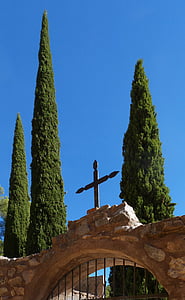 Cmentarz, cyprys, transcendencji, Krzyż, religijne, drzwi, kamienne wrota