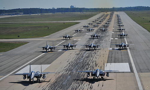 aviones militares, pista de aterrizaje, formación, Estados Unidos, ejercicio, f-16, halcones