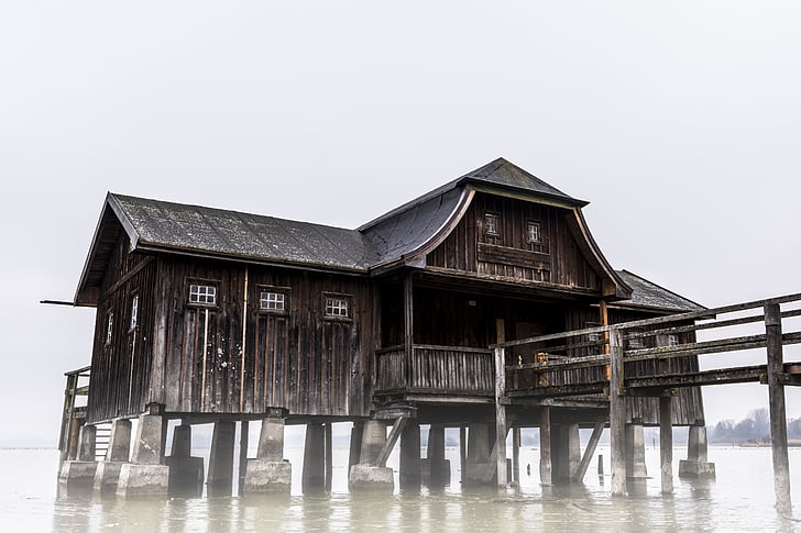 Ammersee, casa del vaixell, congelat, l'aigua, Llac, web, Baviera