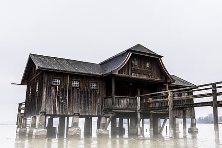 Амерзее, лодка къща, замразени, вода, езеро, уеб, Бавария