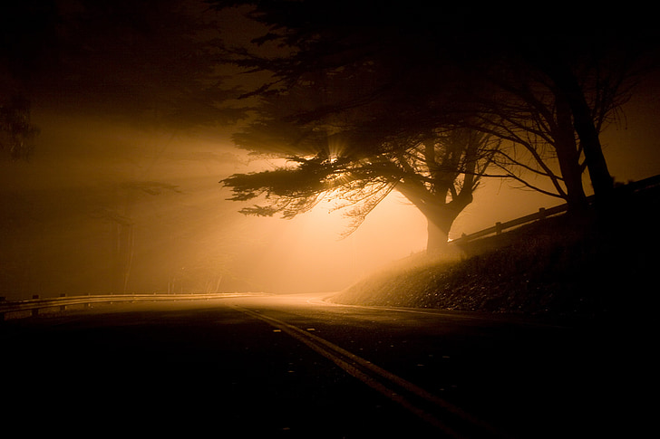 пейзаж, нощ, път, валове на светлината, мъгла, зловещ, тъмно