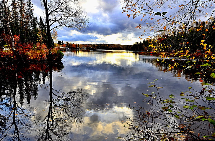 landscape, reflections, fall, leaves, water, lake, sky