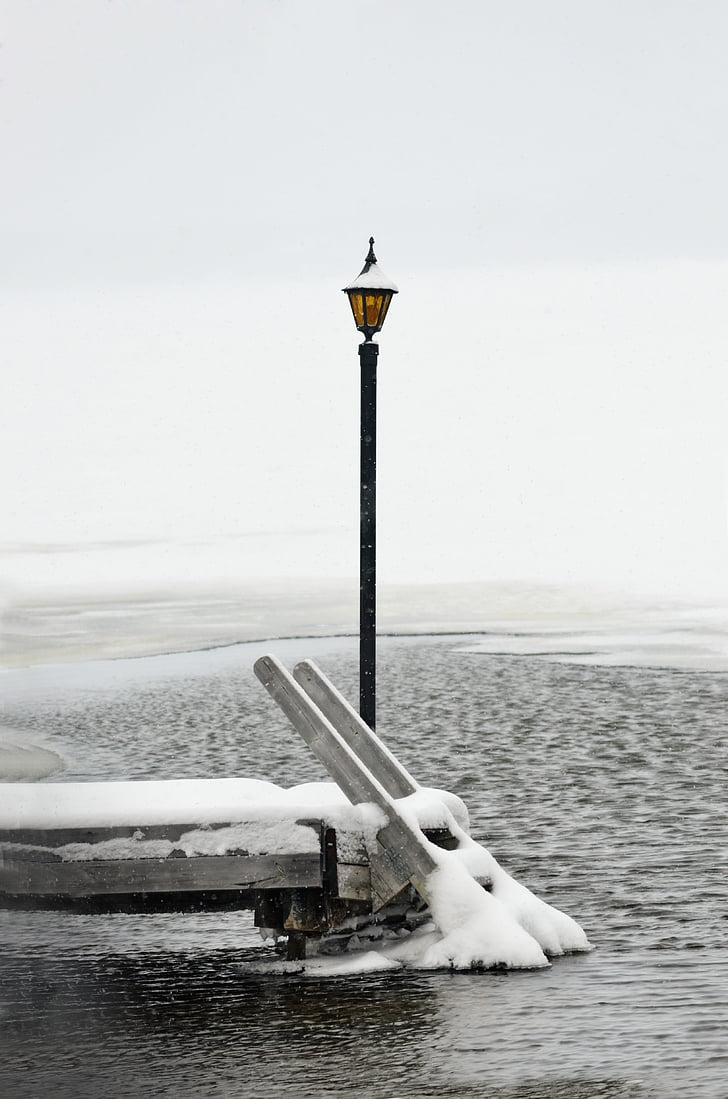 külmutatud, latern, redel, Beach, Dock, talvel, lumi