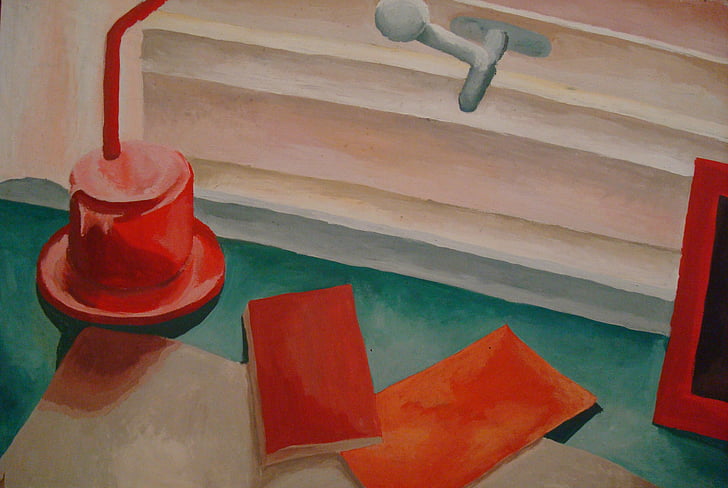 painting, art, still life, red, desk, lamp, frame