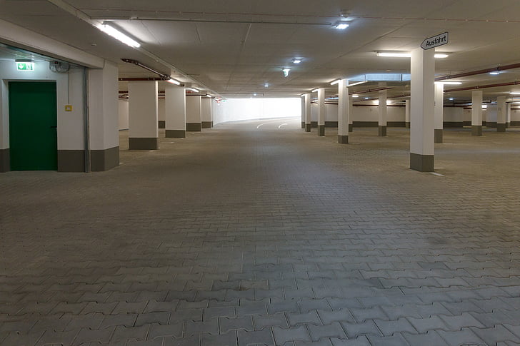 podzemné parkovisko, betón, sivá, trist, prázdne, zem, vzor