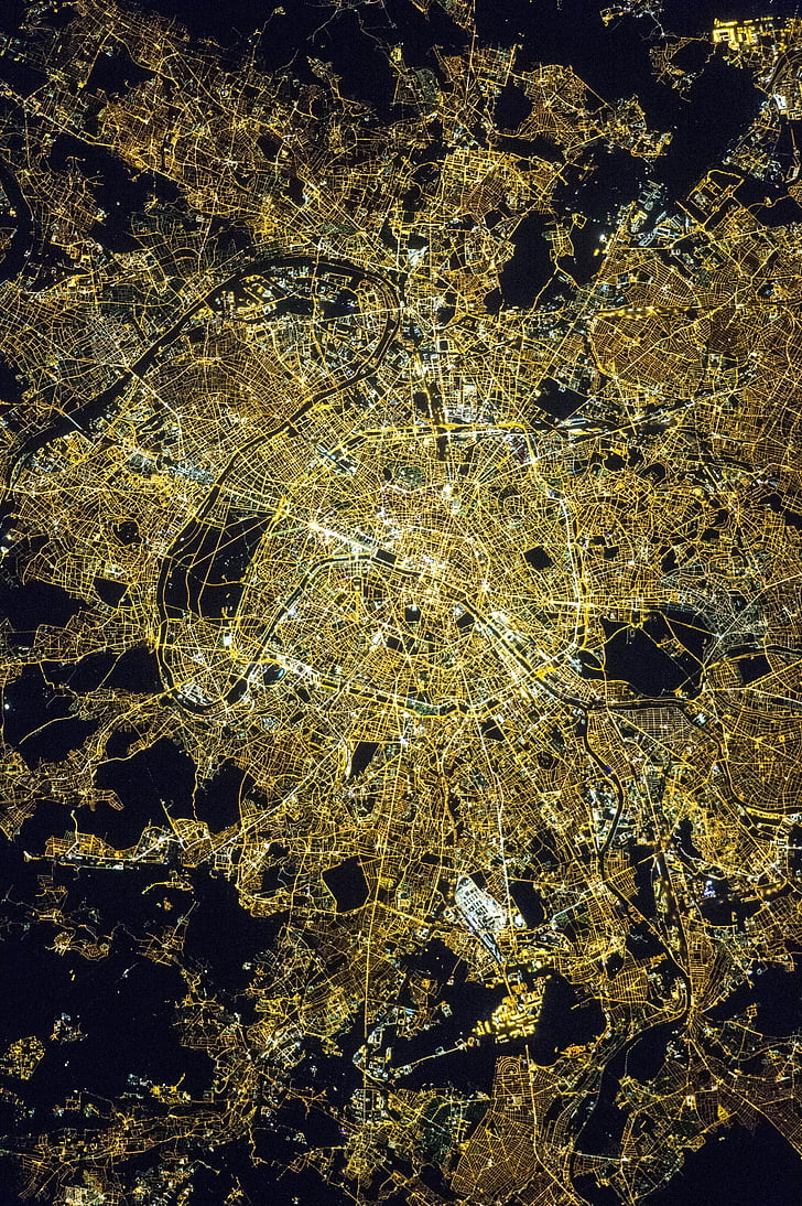paris, france, lights, night, city, international space station, nasa