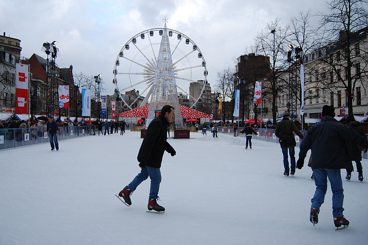 schaatsen, Schaatsen hellingen, reuzenrad, Brussel, Kerstmarkt