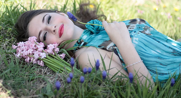 girl, hyacinth, flowers, nature, beauty, spring