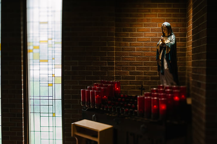 mary, statuette, near, candles, church, chapel, wall