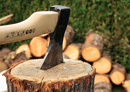 axe, wooden block, wood chop, firewood, wood, holzstapel, growing stock