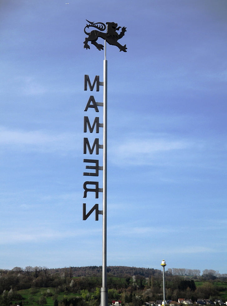 shipping, pier, caption mammern, coat of arms, metal, mammern, thurgau