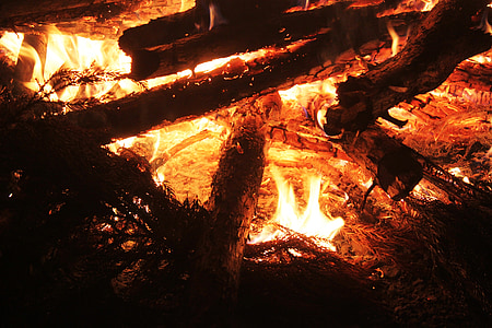 炎, スパークス, かがり火, 夜, 木材