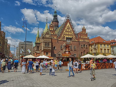 Wrocław, le marché, l’hôtel de ville, vue, architecture, Pologne, monument