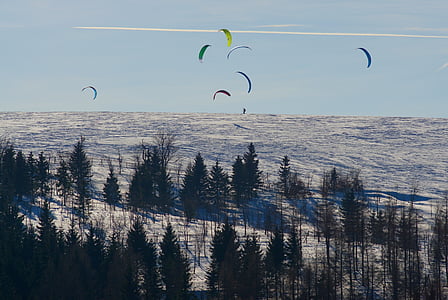 winter, snow, forest, snowkiting, the ore mountains, mountains, winter sports
