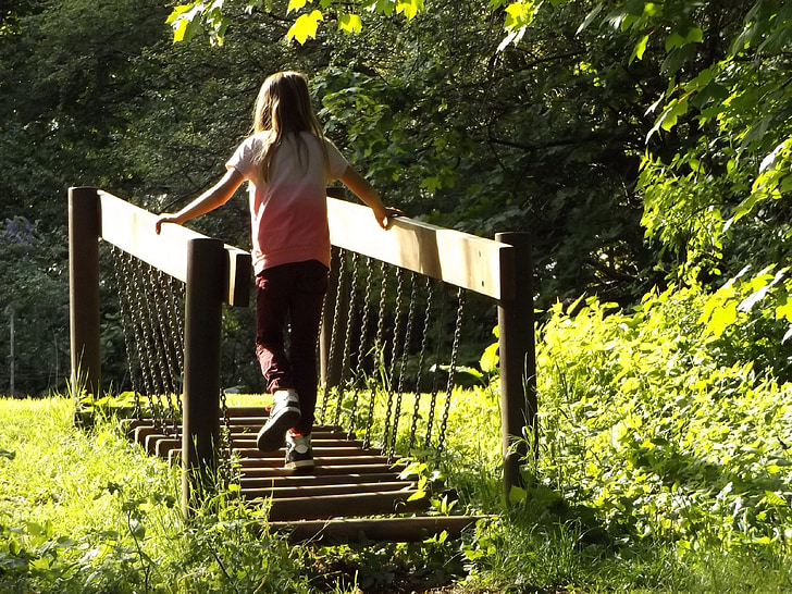 shaky bridge, forest adventure path, nature's playground, child, girl, forest, meadow