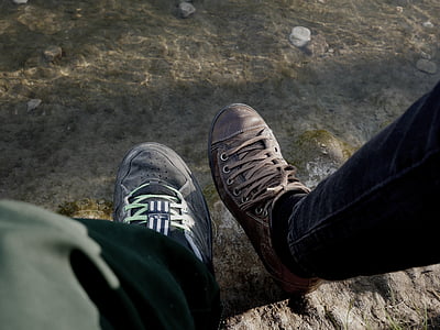 chaussures, jambes, amour, pieds, en plein air, rivière, chaussures