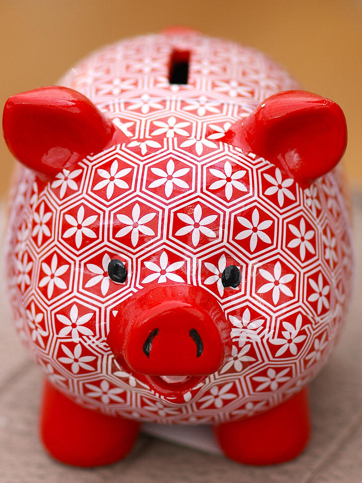 piggy bank, red, white, save, pig, money, savings bank