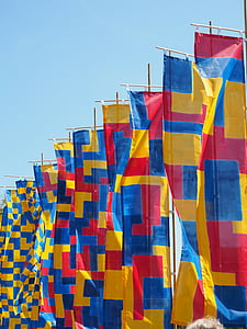 drapeaux, coup, vibrations aéroélastiques, événement commémoratif, bleu, rouge, jaune