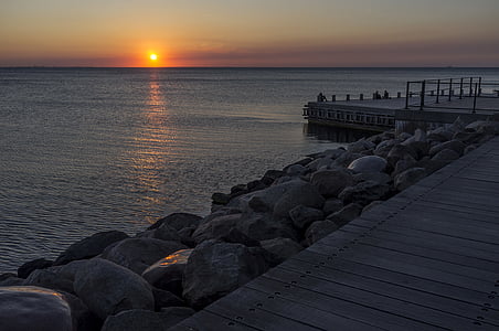 beach, dawn, dock, dusk, horizon, ocean, pier