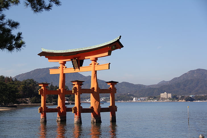torii duży, Japonia, Miyajima, Azja, Architektura, góry, kultur