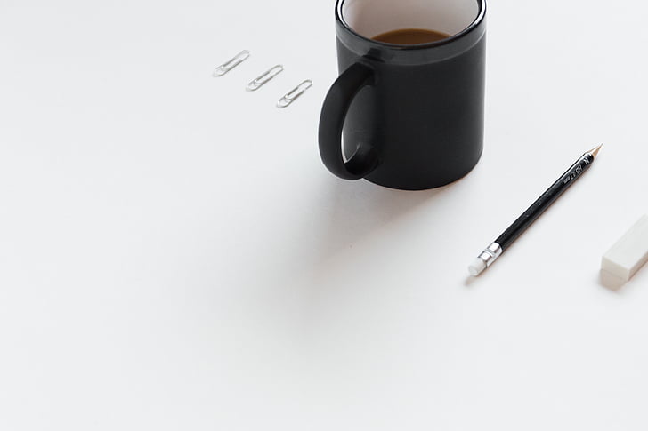 coffee, desk, eraser, minimalism, mug, paperclips, pencil