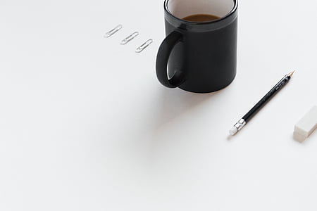 black, coffee, mug, near, pencil, white, eraser