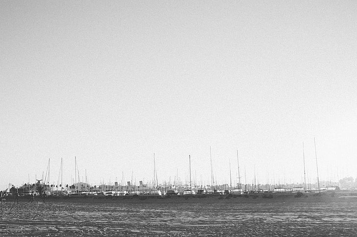 grayscale, photo, boats, daytime, beach, harbor, harbour