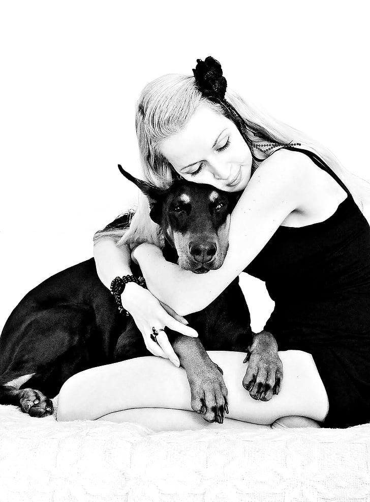 preto e branco, Doberman, menina loira, abraço, amor, cão, animais de estimação