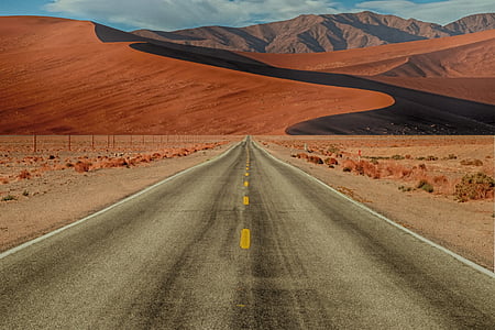 path, wilderness, dune, mountains, straight road, desert road, hot