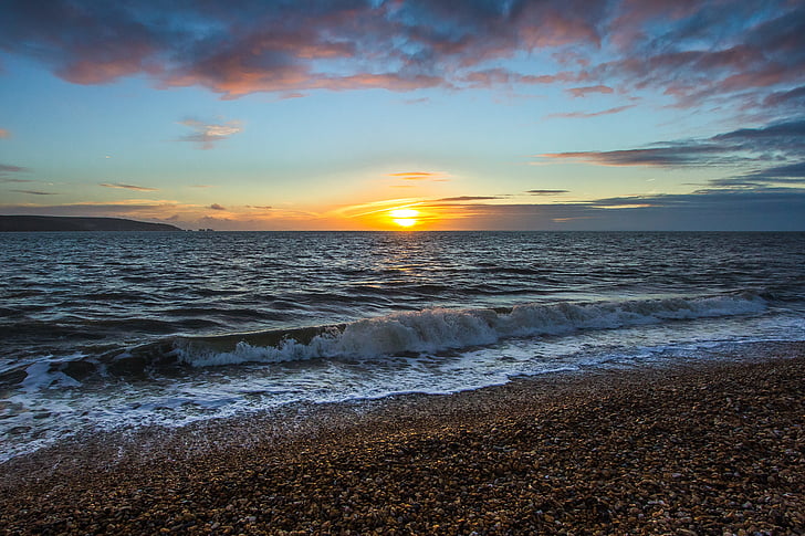 zonsondergang, Oceaan, kust, Keyhaven, Engeland, zee, strand