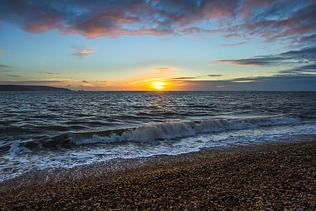 západ slnka, Ocean, pobrežie, Keyhaven, Anglicko, more, Beach