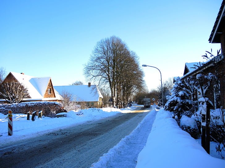 Vinter, solen, himmelblå, landsbyen, snø, treet, kald - temperatur