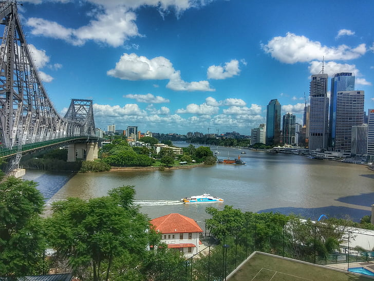 Brisbane, Queensland, Australia, Río, panorama, ciudad, Puente de plantas