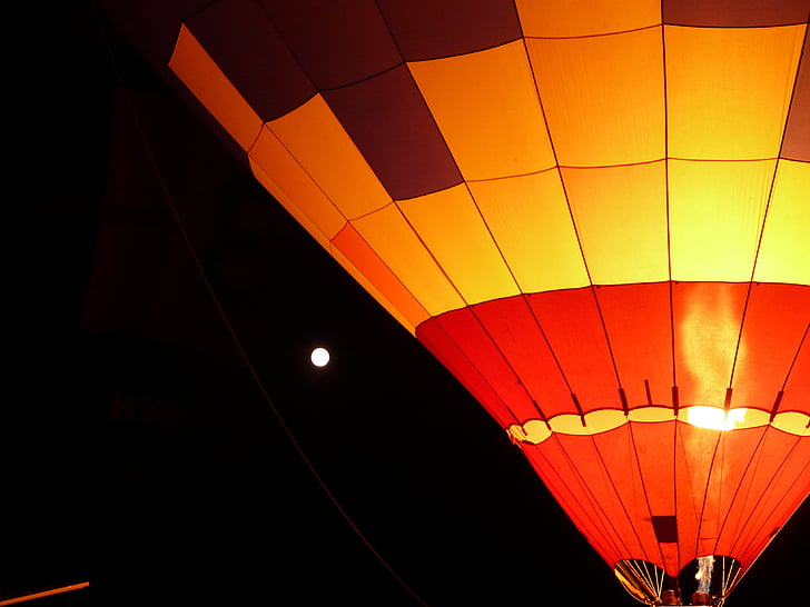balão, brilho de balão, luz, lua, à noite, balão de ar quente, voando